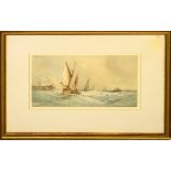 MANNER OF THOMAS BUSH HARDY 'Coastal View with Fishing Boats', watercolour, 17cm x 30cm, framed.
