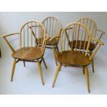 ERCOL WINDSOR DINING CHAIRS, a set of four elm stick hoop back armchairs with solid seats (all