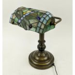 TIFFANY STYLE BANKERS LAMP, green/blue glass, 35cm H x 30cm W.