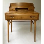 ERCOL WRITING TABLE, 1970's Ercol solid elm with superstructure and drawer labelled Ercol, 69cm x