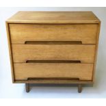 CHEST, 76cm W x 46cm D x 76cm H, mid 20th century oak, with three long drawers and turned tapering