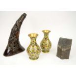 CHINESE WATER BUFFALO HORN CARVING, a Chinese pewter tea caddie and a pair of cloisonné vases with