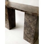 CONSOLE TABLE, rectangular, variegated grey, brown and white marble platform raised upon trestle