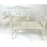 ORANGERY BENCHES, a pair, French style painted scrolling metal, 112cm W x 95cm H. (2)