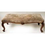 HEARTH STOOL, Victorian rectangular carved walnut and brass studded velvet, 120cm x 52cm x 43cm H.