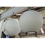 HOLOPHANE STYLE PENDANT LIGHTS, a pair, opaline glass, 50cm drop. (2)