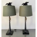 MONKEY CLIMBING THE PALM TREE TABLE LAMPS, a pair, with shades, 84cm x 36cm. (2)