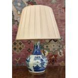 LAMP, over all 55cm H including shade, blue and white Chinese style.