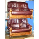 2 PIECE WINE LEATHER LOUNGE SUITE WITH WOODEN FRAME