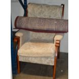 WOODEN FRAMED ARM CHAIR & SMALL RUG