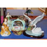 2 ROYAL DOULTON FIGURINE ORNAMENTS, LARGE GOEBEL DUCK ORNAMENT & 2 OTHER ORNAMENTS