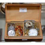 DECORATIVE WOODEN BOX CONTAINING WWI MEDALS, VARIOUS COSTUME JEWELLERY, POCKET WATCH, PORTRAIT