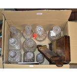 BOX WITH ASSORTED DECANTERS, WOODEN WARE ETC