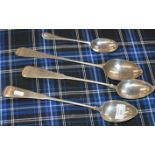 4 VARIOUS OLD PROVINCIAL SILVER SERVING SPOONS - APPROXIMATE COMBINED WEIGHT = 318 GRAMS