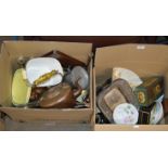 2 BOXES WITH EP WARE, COPPER WARE, MIXED CERAMICS, VARIOUS OLD TINS & GENERAL BRIC-A-BRAC