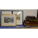 VARIOUS PART CANTEENS OF CUTLERY, SMALL FRAMED WATERCOLOUR SIGNED MCNICOL & 2 ETCHINGS