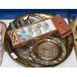 CAIRO WARE TRAY, MEXICAN SILVER DISH, MODERN ORIENTAL PORCELAIN MINIATURE SCREEN, OPERA GLASSES ETC