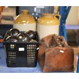 VARIOUS LAWN BOWLS, GLADSTONE STYLE BAG & 2 LARGE CERAMIC JARS