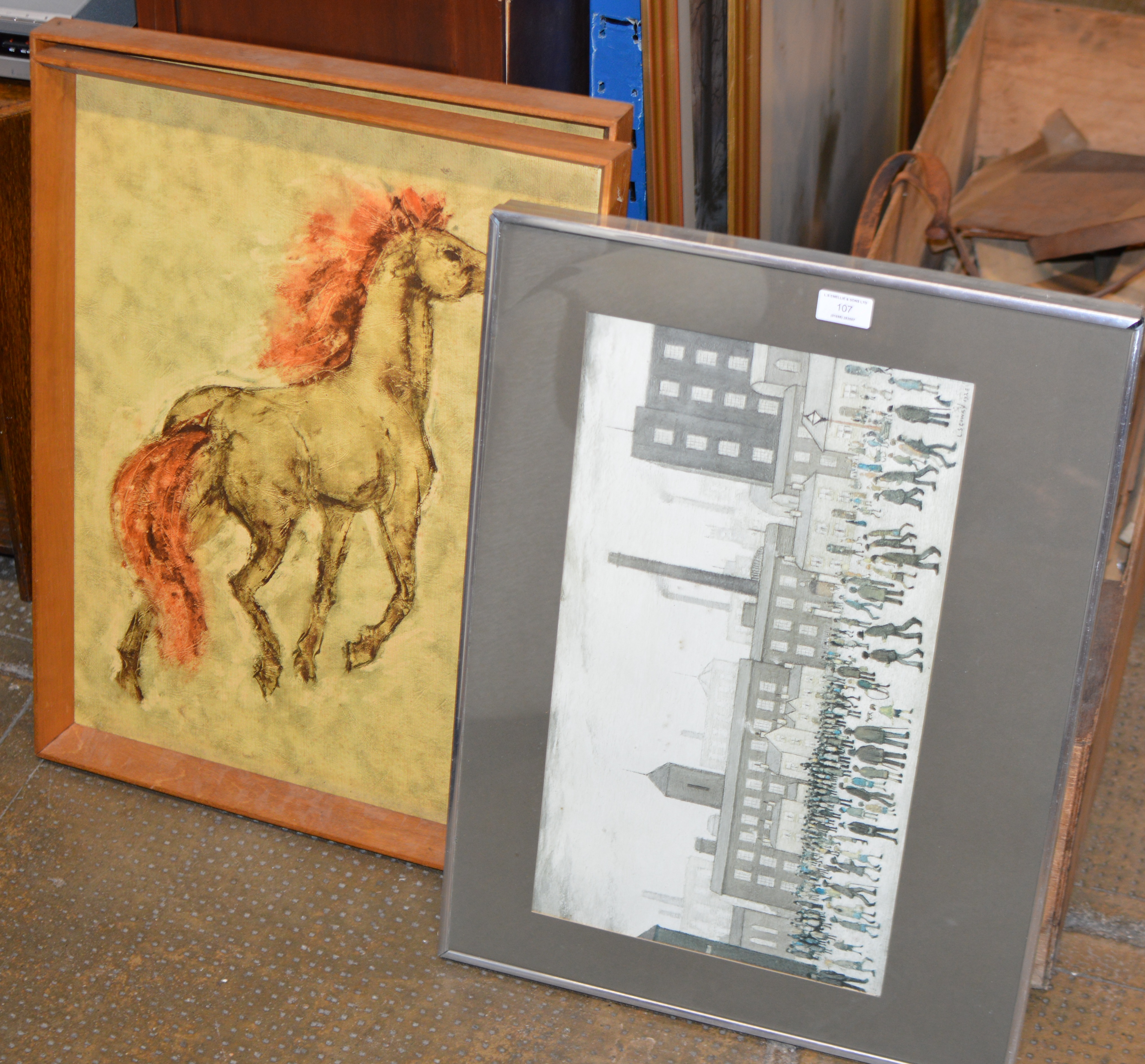 2 LOWRY PRINTS & 2 RETRO FRAMED HORSE PICTURES