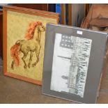 2 LOWRY PRINTS & 2 RETRO FRAMED HORSE PICTURES