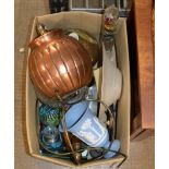 BOX CONTAINING COPPER FINISHED LAMP, WEDGWOOD VASE, PAPER WEIGHT, CANDLE STICKS, GLASS DISH ETC