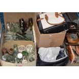 BAROMETER, VARIOUS LACQUERED TRAYS, BOX WITH HAND BAGS, SMALL HIFI ETC, BAG WITH CAMCORDER & 2 BOXES