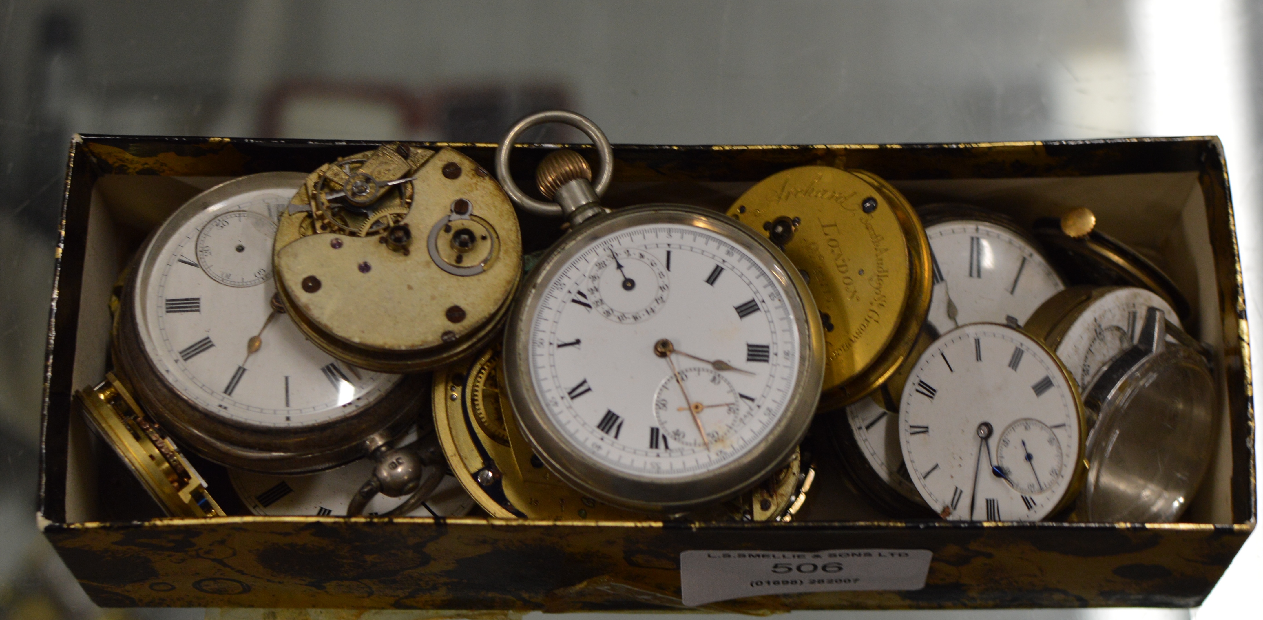 BOX CONTAINING VARIOUS POCKET WATCHES & POCKET WATCH PARTS