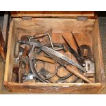 WOODEN CRATE WITH VARIOUS OLD HAND TOOLS
