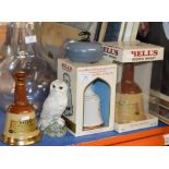 3 VARIOUS BELLS DECANTERS (FULL), SNOWY OWL BENEAGLES DECANTER (FULL) & CURLING STONE DECANTER (