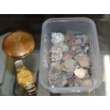 BOX WITH LARGE QUANTITY OF STERLING SILVER POCKET WATCH FOBS, SEIKO WRIST WATCH & VINTAGE COMPACT