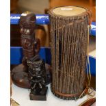 JAPANESE TRIBAL STYLE DRUM & 2 CARVED WOODEN DISPLAYS