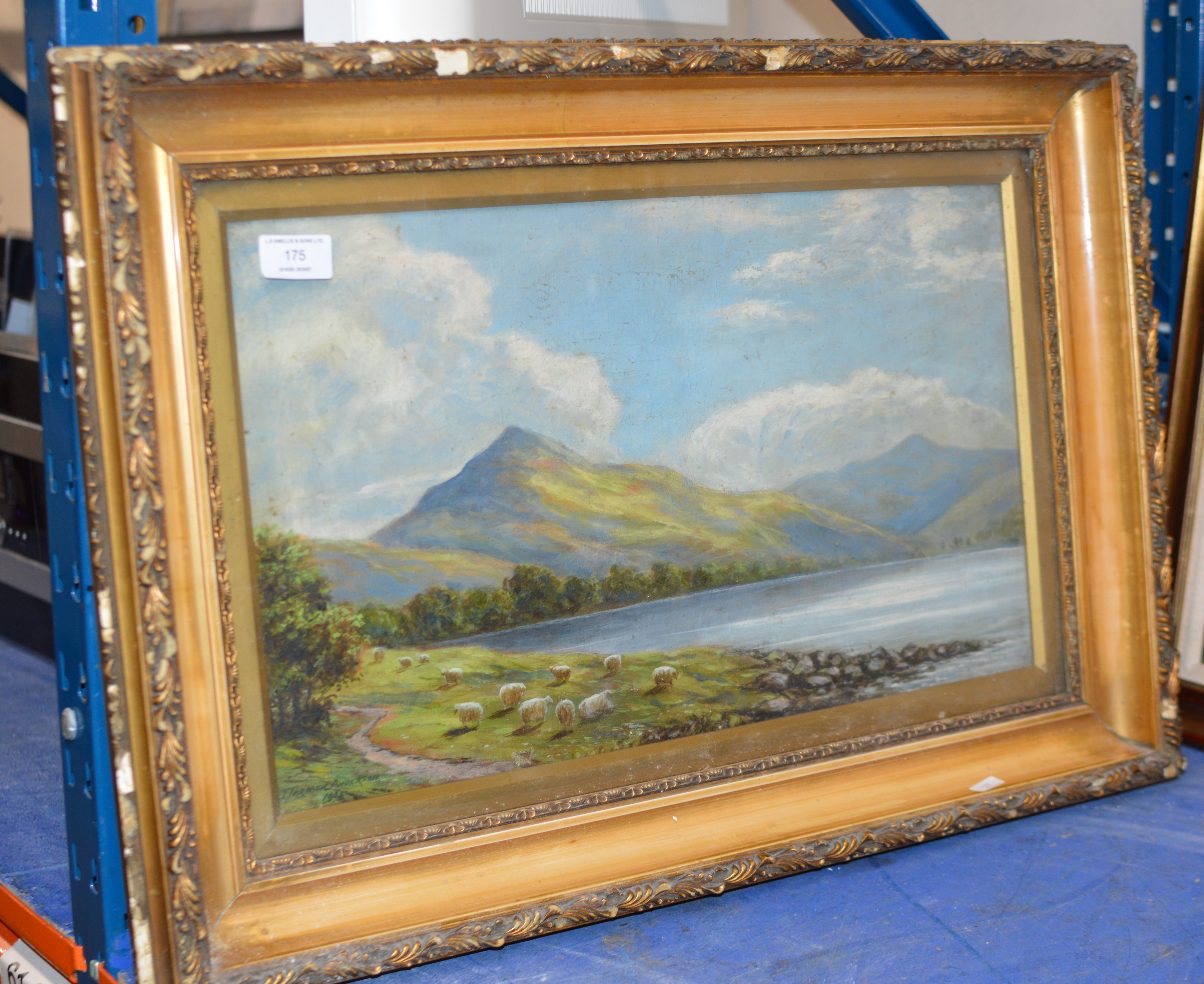 FRAMED OIL ON CANVAS - SHEEP BY A LOCH SIDE, SIGNED T. FARMER ANDERSON, 1902