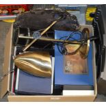 BOX CONTAINING ANGLE LAMP, EP TRAY & VARIOUS MODERN SETS OF CUTLERY