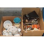 2 BOXES WITH QUANTITY TEA WARE, DECORATIVE VASE, EP WARE, CUTLERY, BASKETS ETC