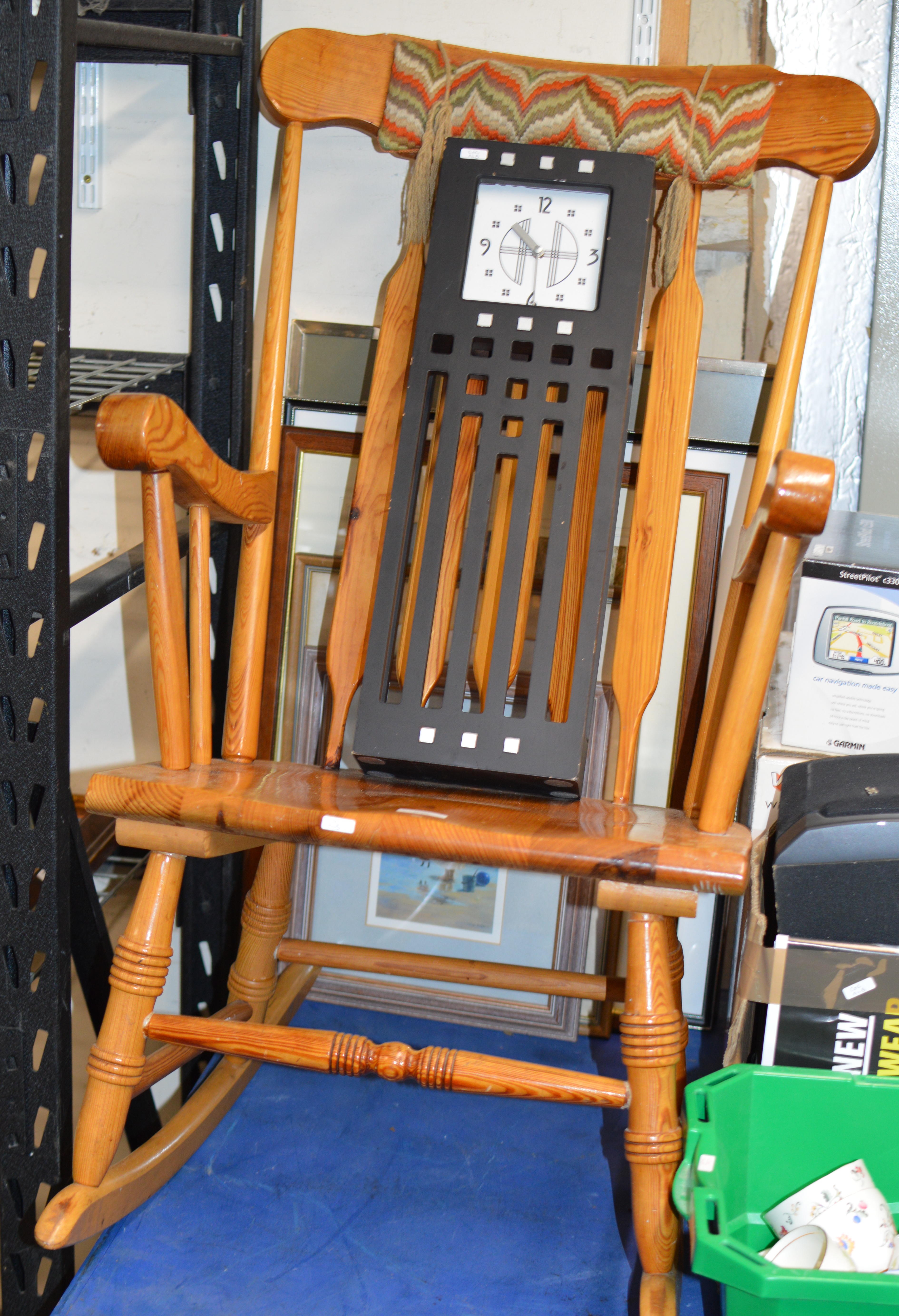 PINE ROCKING CHAIR, WALL CLOCK & QUANTITY PICTURES