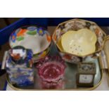 TRAY WITH SMALL CARRIAGE STYLE CLOCK, CRANBERRY GLASS DISHES & GENERAL CERAMICS
