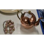COPPER & BRASS ARTS & CRAFTS STYLE TEAPOT & GLASS BEAD NECKLACE