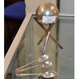 BIRMINGHAM SILVER PRESENTATION BOWLING JACK ON STAND & PART SET OF 3 SHEFFIELD SILVER SPOONS