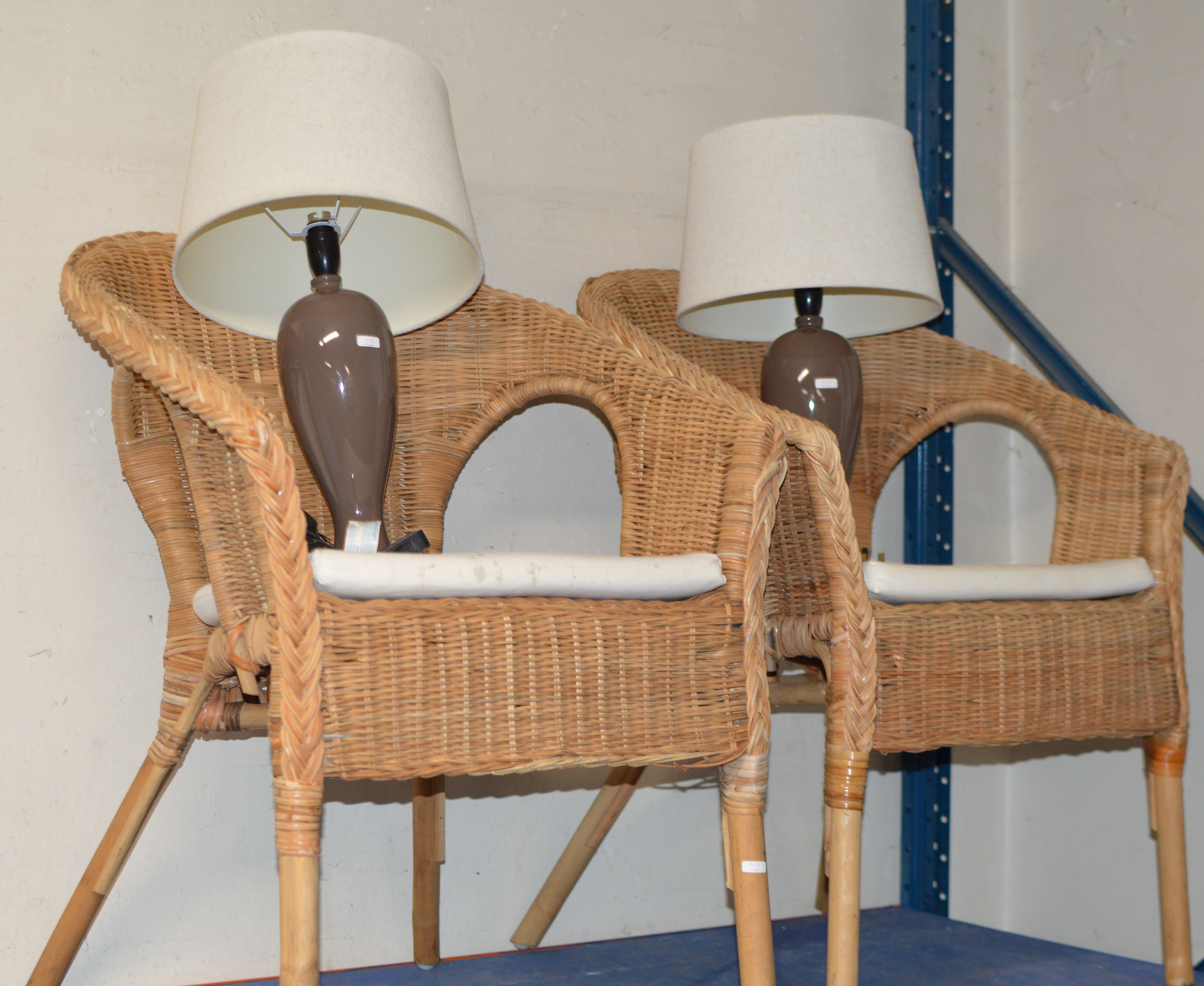 PAIR OF WICKER CHAIRS & PAIR OF MODERN LAMPS