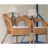 PAIR OF WICKER CHAIRS & PAIR OF MODERN LAMPS