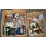 2 BOXES WITH VARIOUS CRUET SETS, SOUVENIR SPOONS, CUTLERY, EP WARE, POSY ORNAMENTS ETC