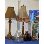 2 TABLE LAMPS, FIGURINE ORNAMENT, LARGE GLASS BOTTLE DISPLAY & GRADUATED SET OF 3 GLASS BOTTLES