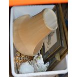 BOX WITH ASSORTED PICTURES, TABLE LAMP WITH SHADE, TEA WARE ETC