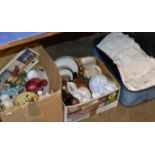 3 BOXES WITH QUANTITY LINEN, MIXED CERAMICS, VARIOUS ORNAMENTS, DISHES & GENERAL BRIC-A-BRAC