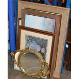 2 SMALL GILT FRAMED MIRRORS & VARIOUS PICTURES