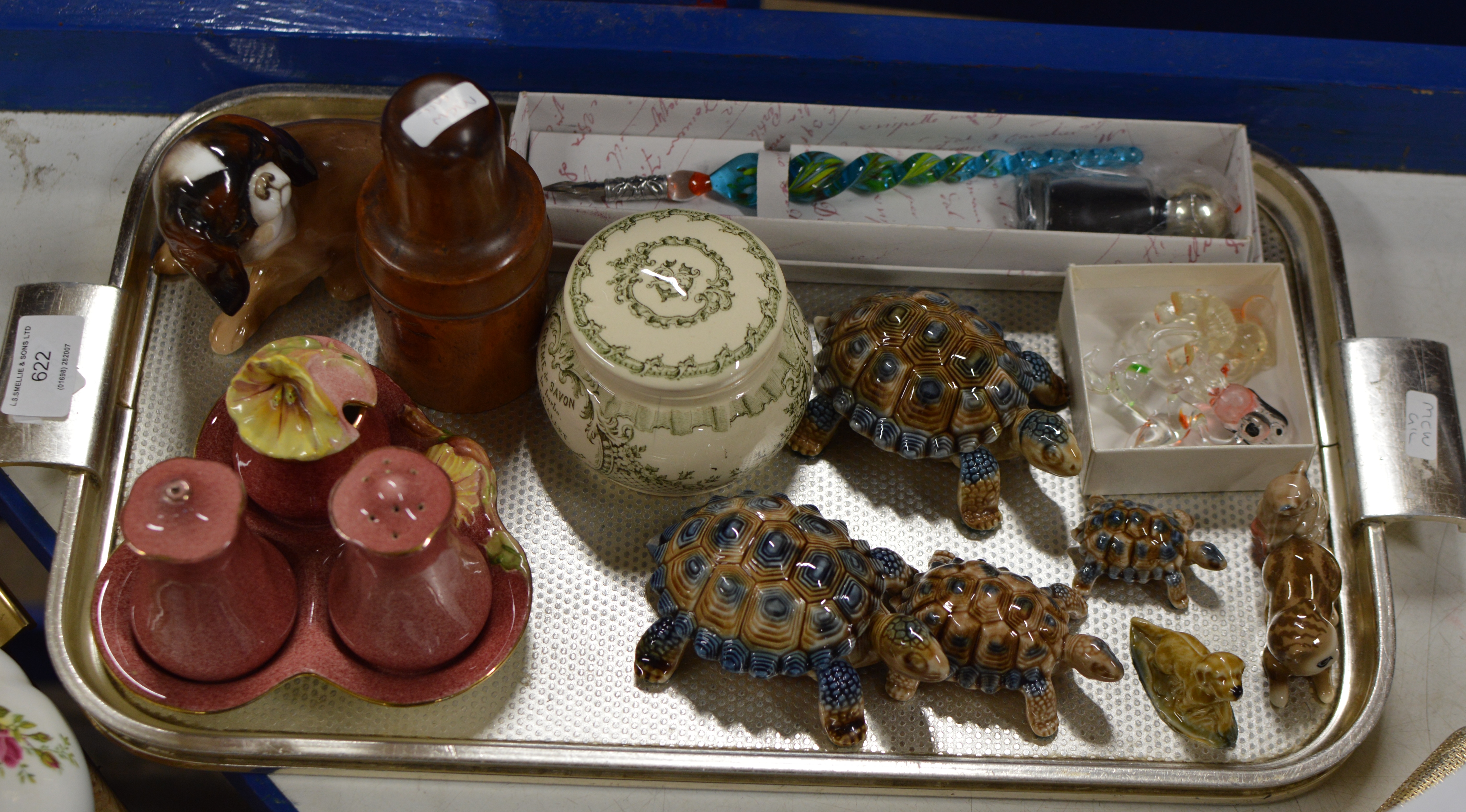 TRAY WITH ROYAL WINTON CRUET SET, VARIOUS WADE ANIMAL ORNAMENTS, BLOWN GLASS ORNAMENTS, WOODEN CASED