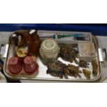 TRAY WITH ROYAL WINTON CRUET SET, VARIOUS WADE ANIMAL ORNAMENTS, BLOWN GLASS ORNAMENTS, WOODEN CASED