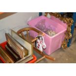 GILT FRAMED MIRROR, NOVELTY WOODEN ROCKING HORSE & 2 BOXES WITH ASSORTED CRYSTAL WARE, CERAMICS,