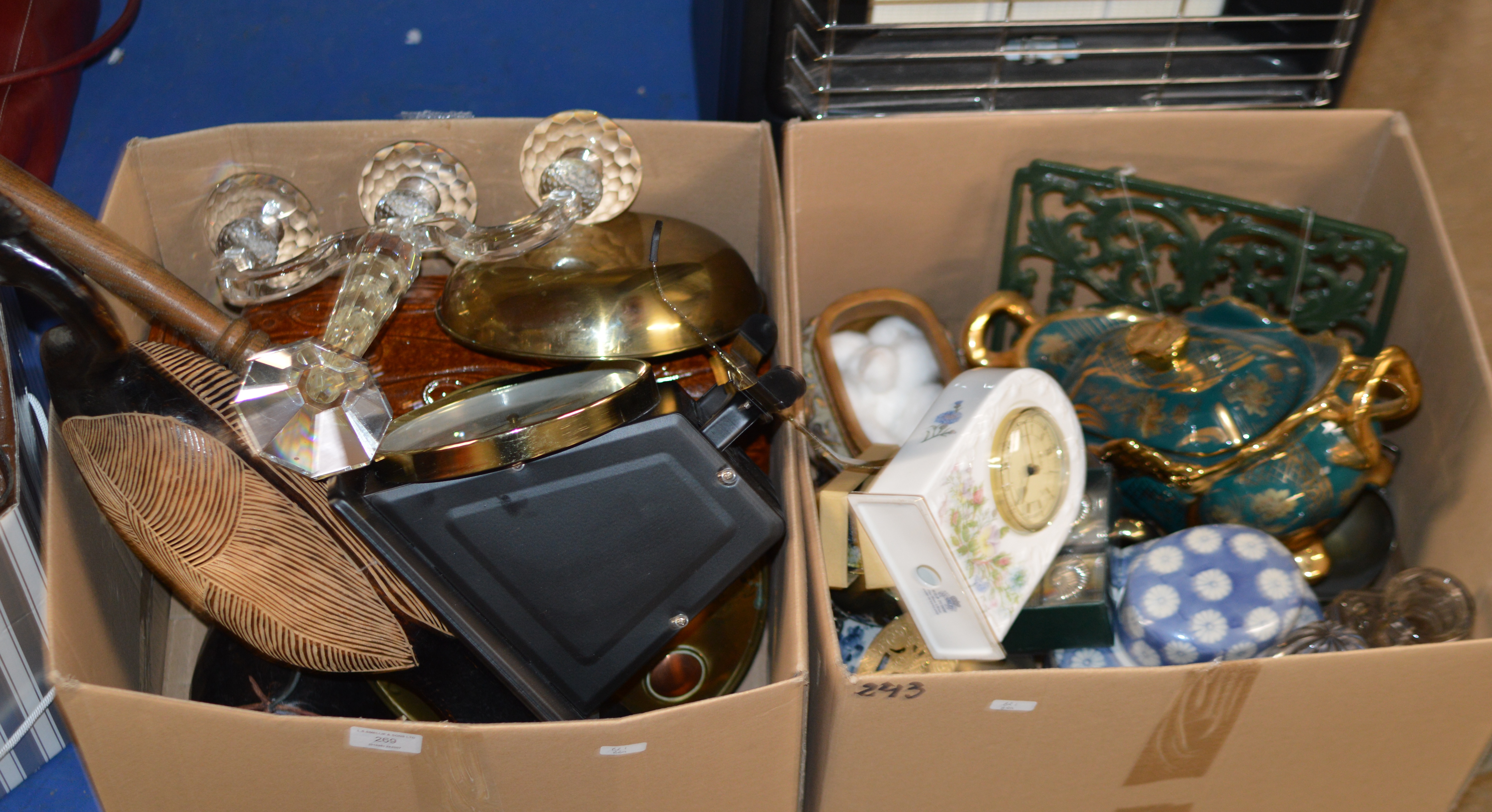 2 BOXES WITH MIXED CERAMICS, KITCHEN SCALES, CANDELABRA, DECANTER & GENERAL BRIC-A-BRAC