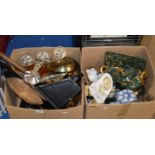 2 BOXES WITH MIXED CERAMICS, KITCHEN SCALES, CANDELABRA, DECANTER & GENERAL BRIC-A-BRAC